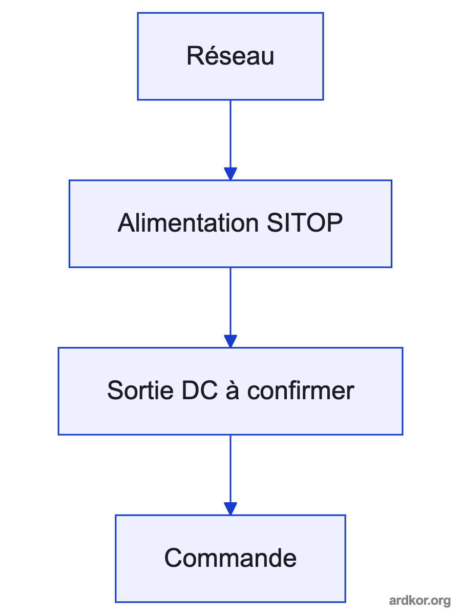 A single-phase AC source feeds the 6EP1336-2BA10 SITOP PSU100S, which supplies isolated 24 V DC at 20 A to cabinet control distribution.