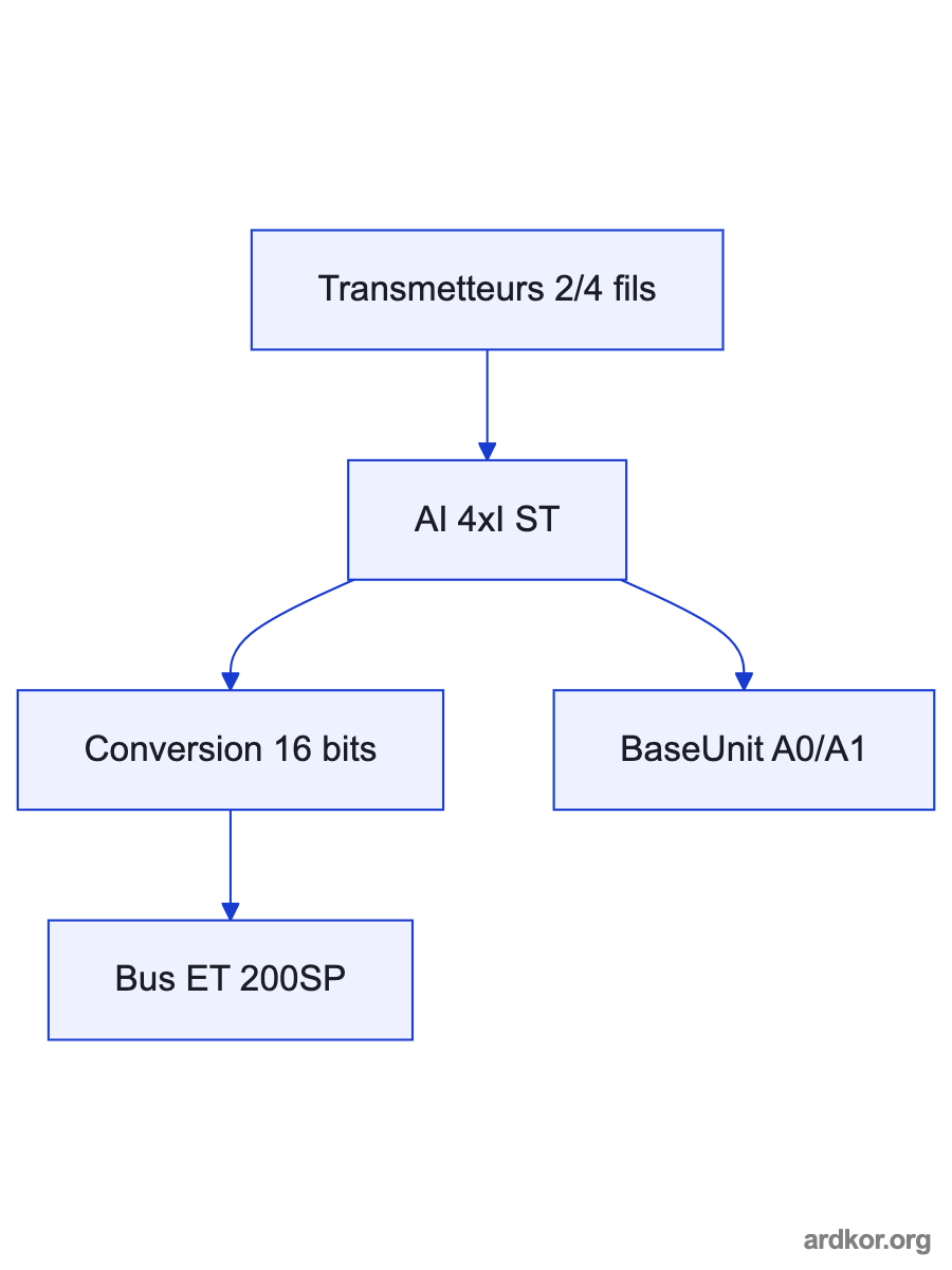 A left-to-right system path shows Analog field devices connected through 6ES7134-6GD01-0BA1 to PLC controller.