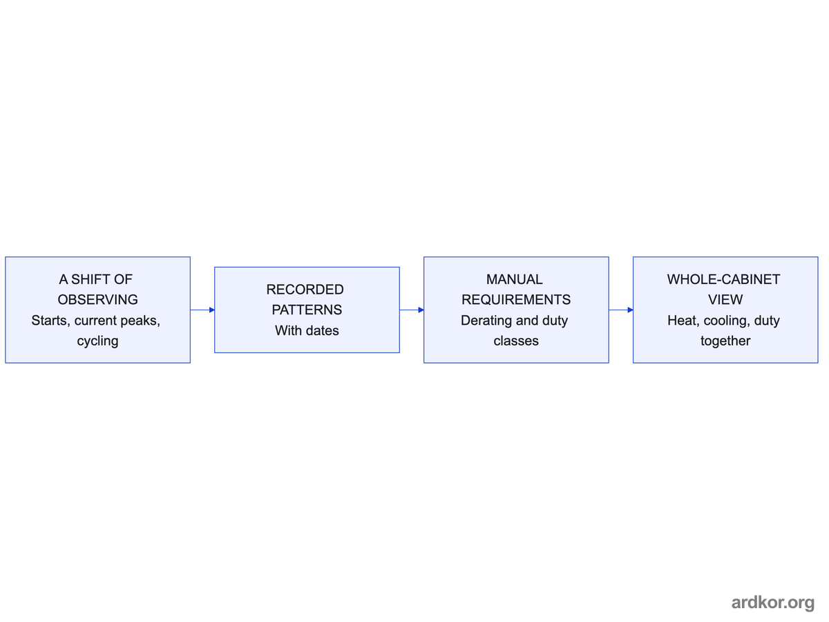 Observed shift patterns are recorded with dates and compared against manual derating and duty requirements as one whole view.