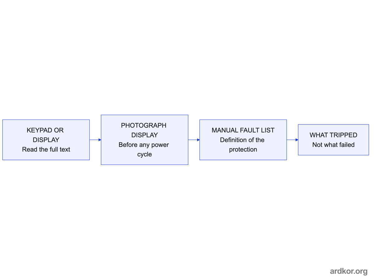 A fault code moves from the keypad through a photograph and the manual's fault list to a defined, not diagnosed, meaning.