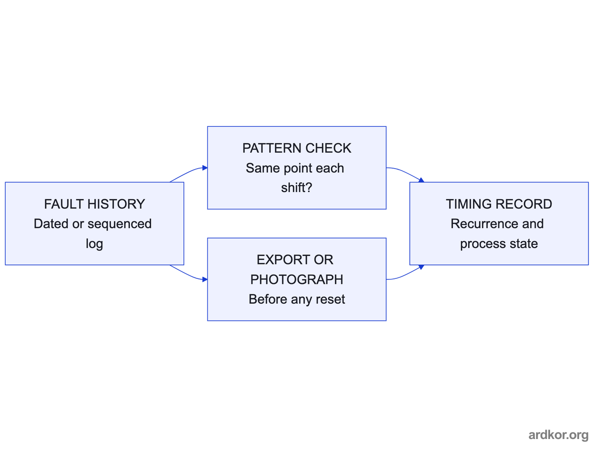 Fault history flows into a pattern check and a capture step, and both land in one timing record for the intake.