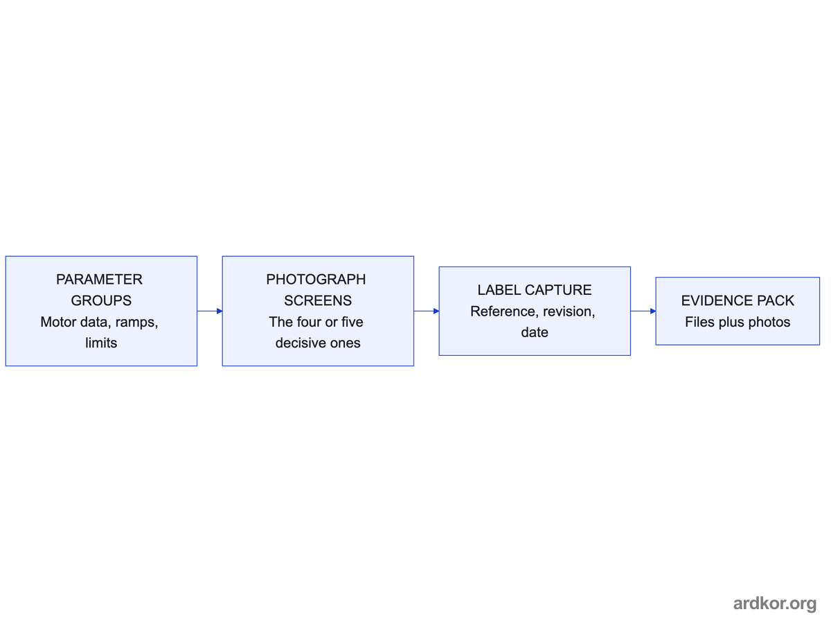 The decisive parameter groups are photographed, labeled with reference and date, and filed as part of the evidence pack.