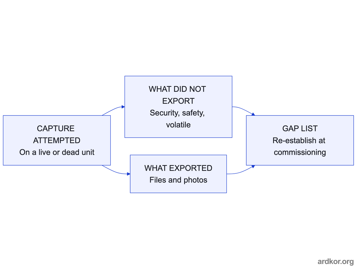 A capture attempt splits into what exported and what did not, and the unexported items form a gap list for commissioning.