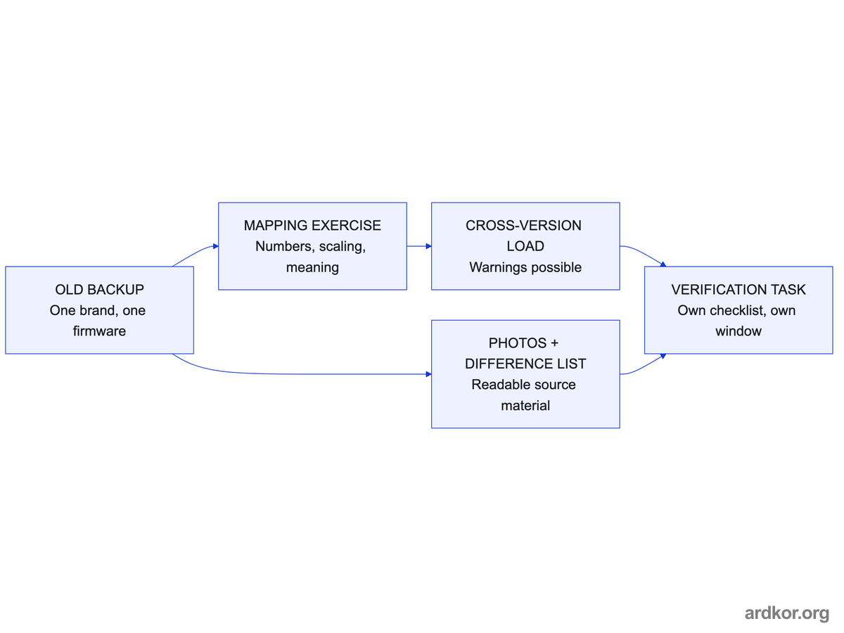 An old backup becomes a mapping exercise and a cross-version load that ends in planned verification, with photos as readable source material.