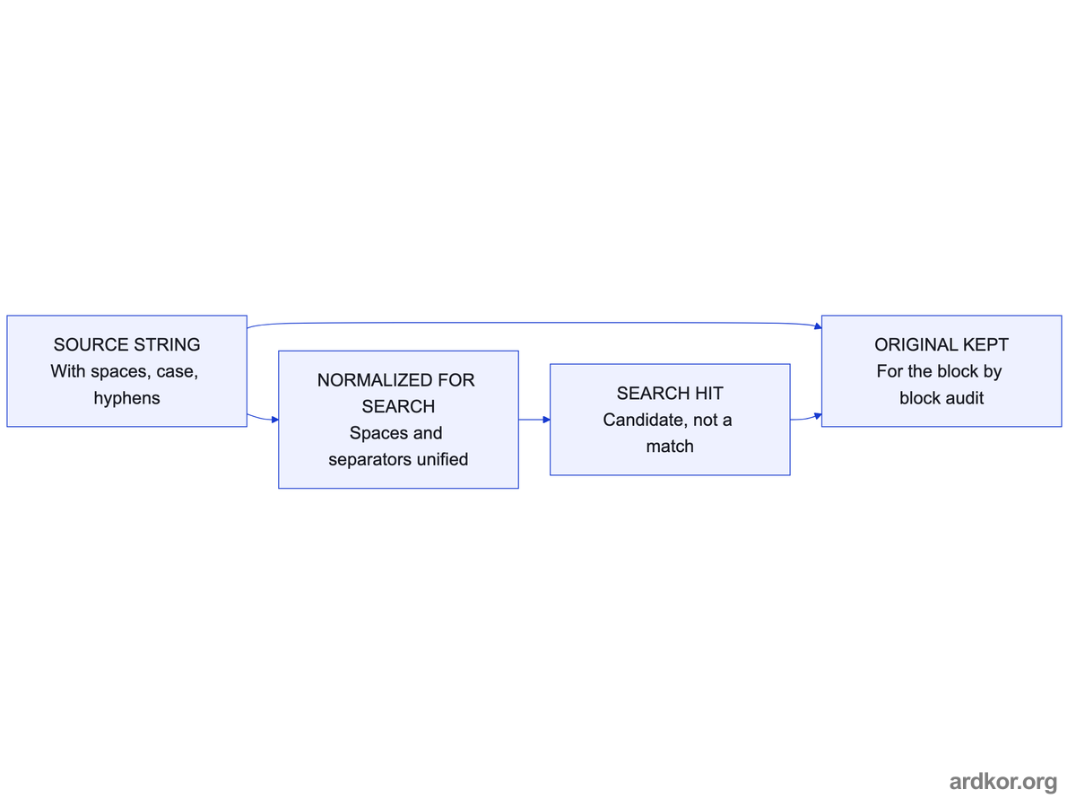 A source string is normalized for search while the original is kept, and any search hit still faces a block by block audit.
