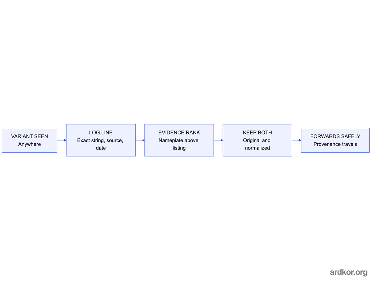 Every variant is logged with exact string, source and date, ranked with nameplate above listing, and kept with normalized form for safe forwarding.