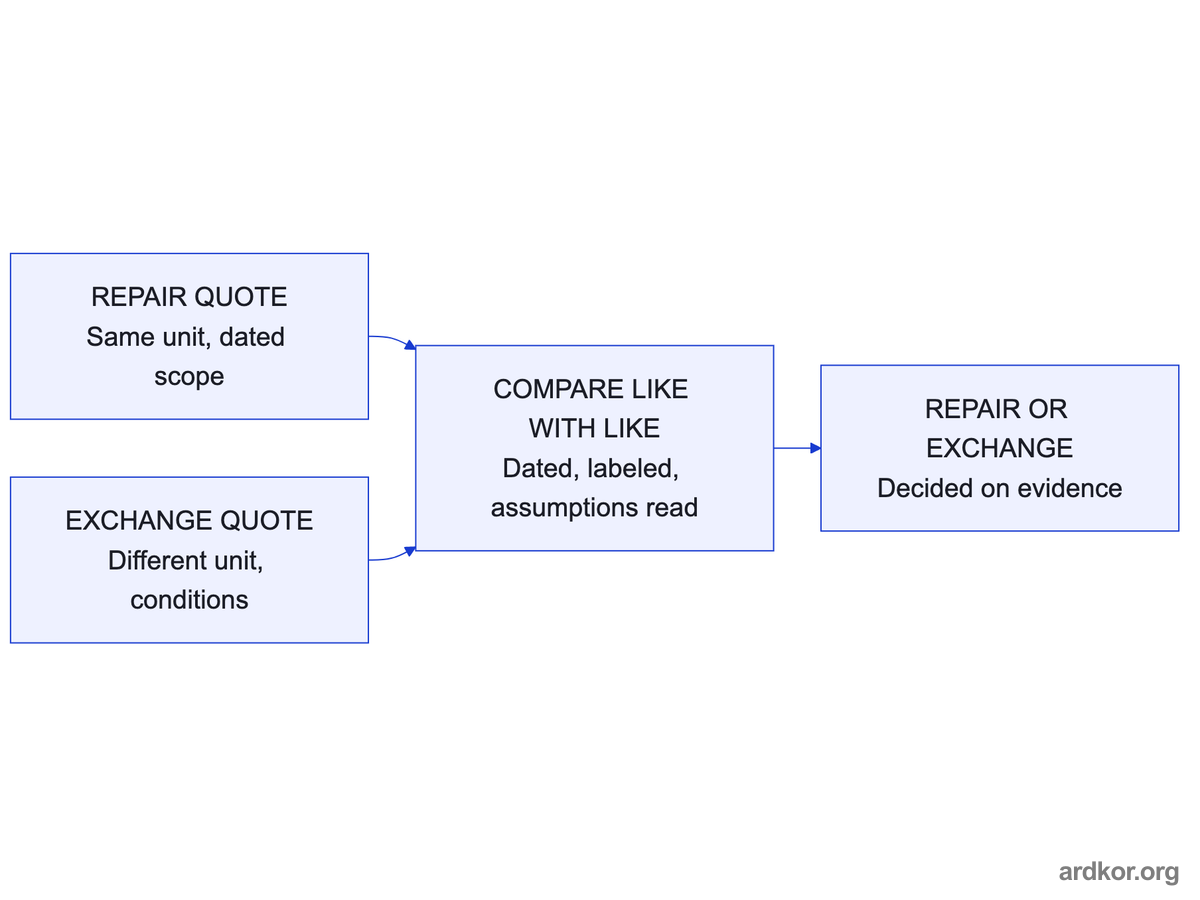 A repair quote and an exchange quote, both dated and labeled with their assumptions, feed one like-for-like comparison.