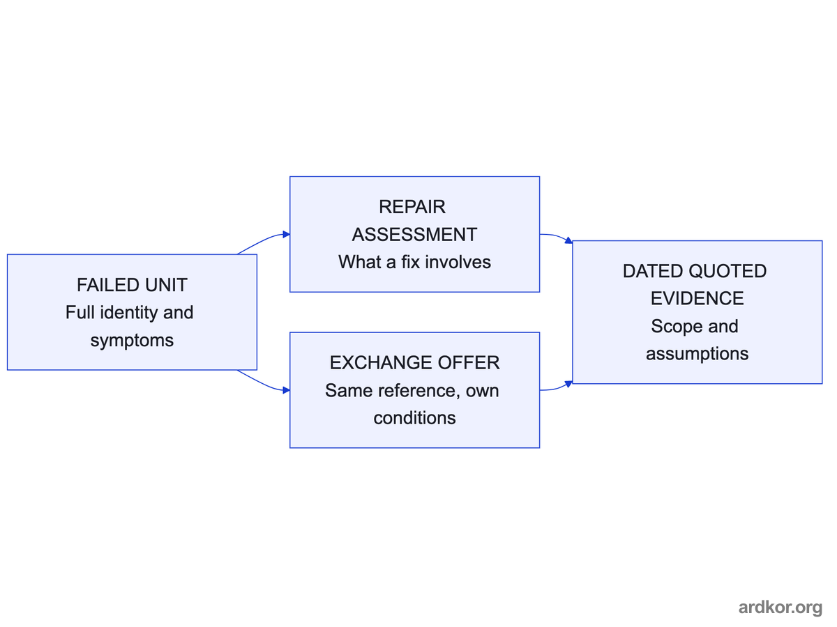 A failed unit with full identity feeds both a repair assessment and an exchange offer, which produce dated quoted evidence.