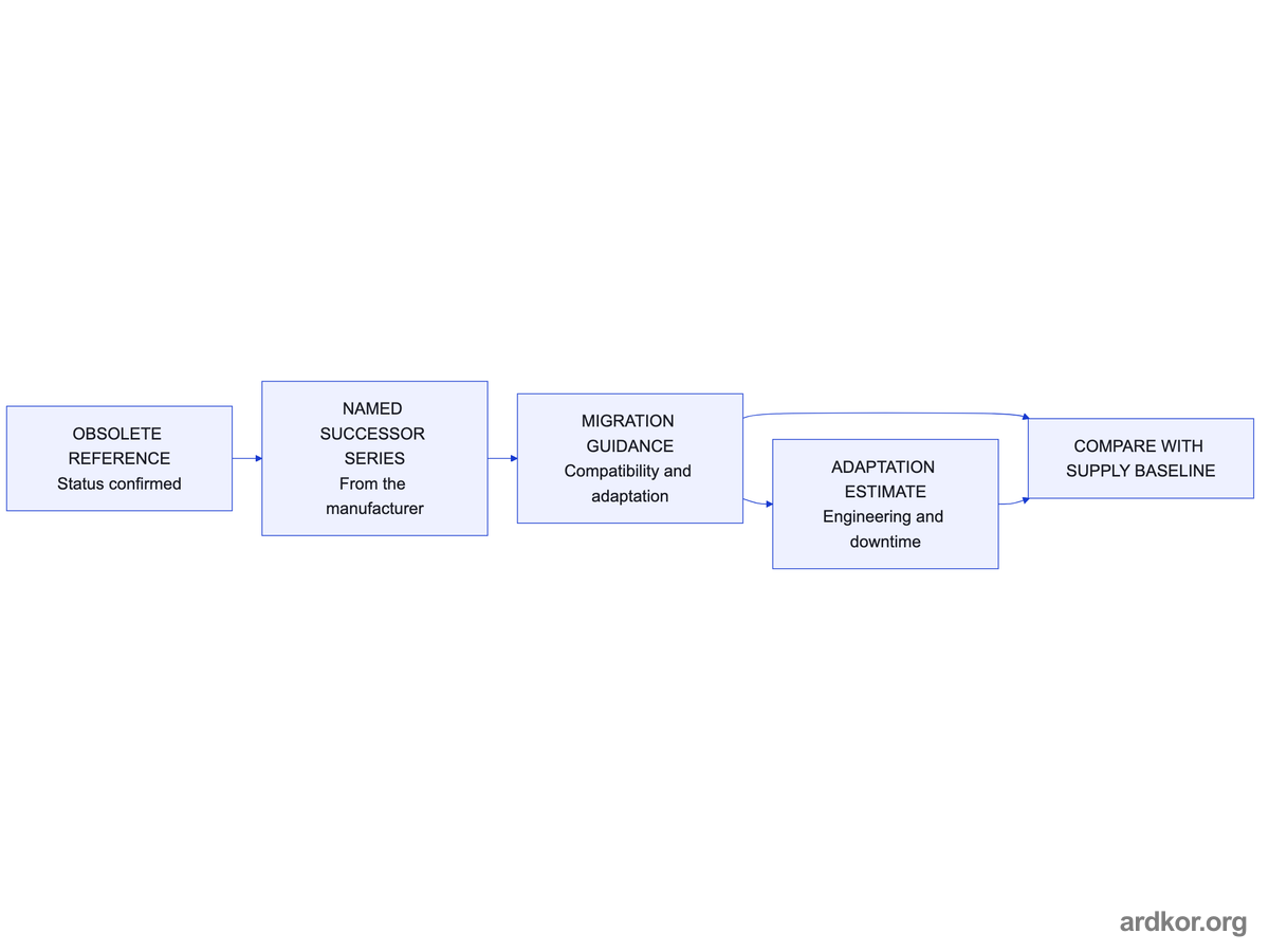 A confirmed obsolete reference leads to the manufacturer's named successor, whose migration guidance produces adaptation estimates to compare with supply.