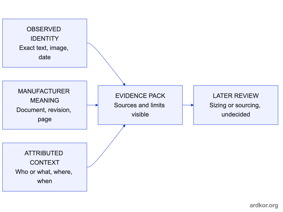Observed identity, pinpoint manufacturer meanings, and attributed context combine into an evidence pack for a later, still-undecided review.