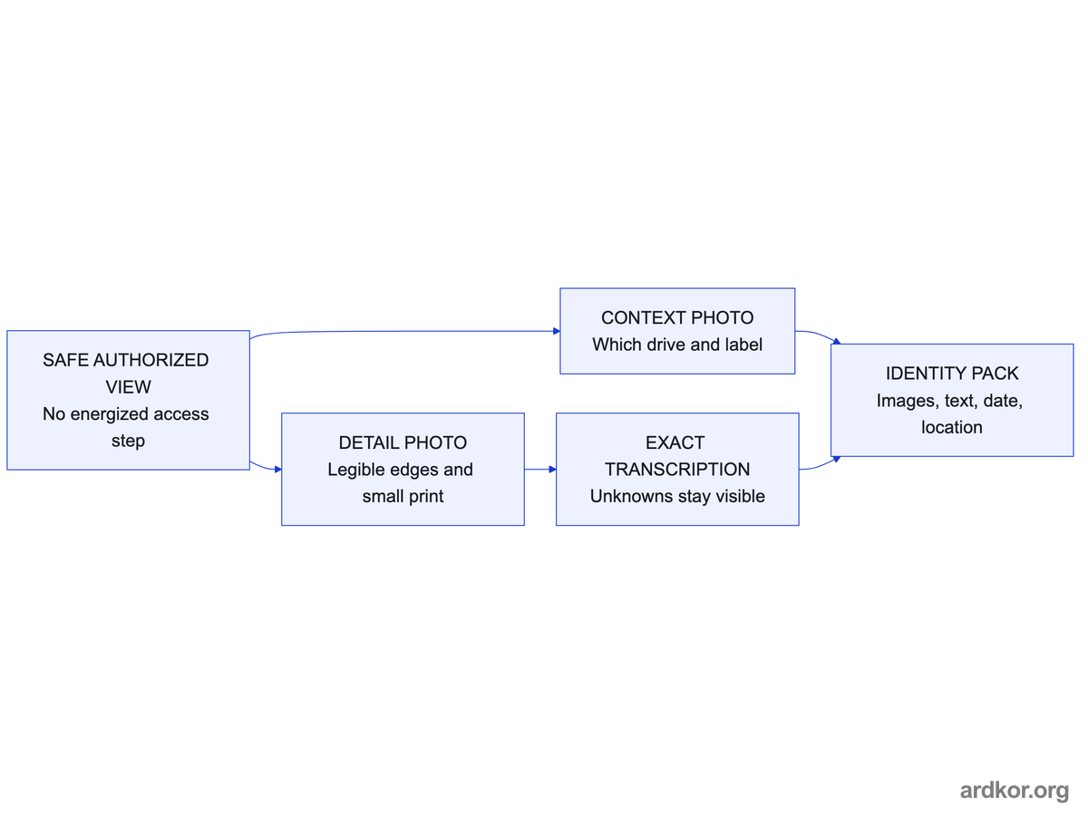 A safe authorized view produces context and detail photographs, followed by an exact transcription with visible unknowns in one identity pack.