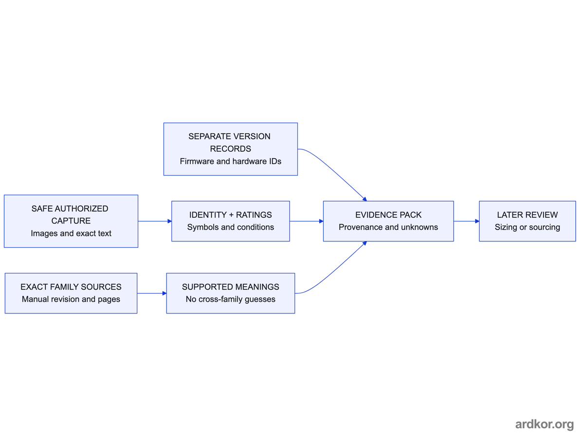 Safe capture, exact family sources, and separate version records combine into an evidence pack with provenance and unknowns for later review.
