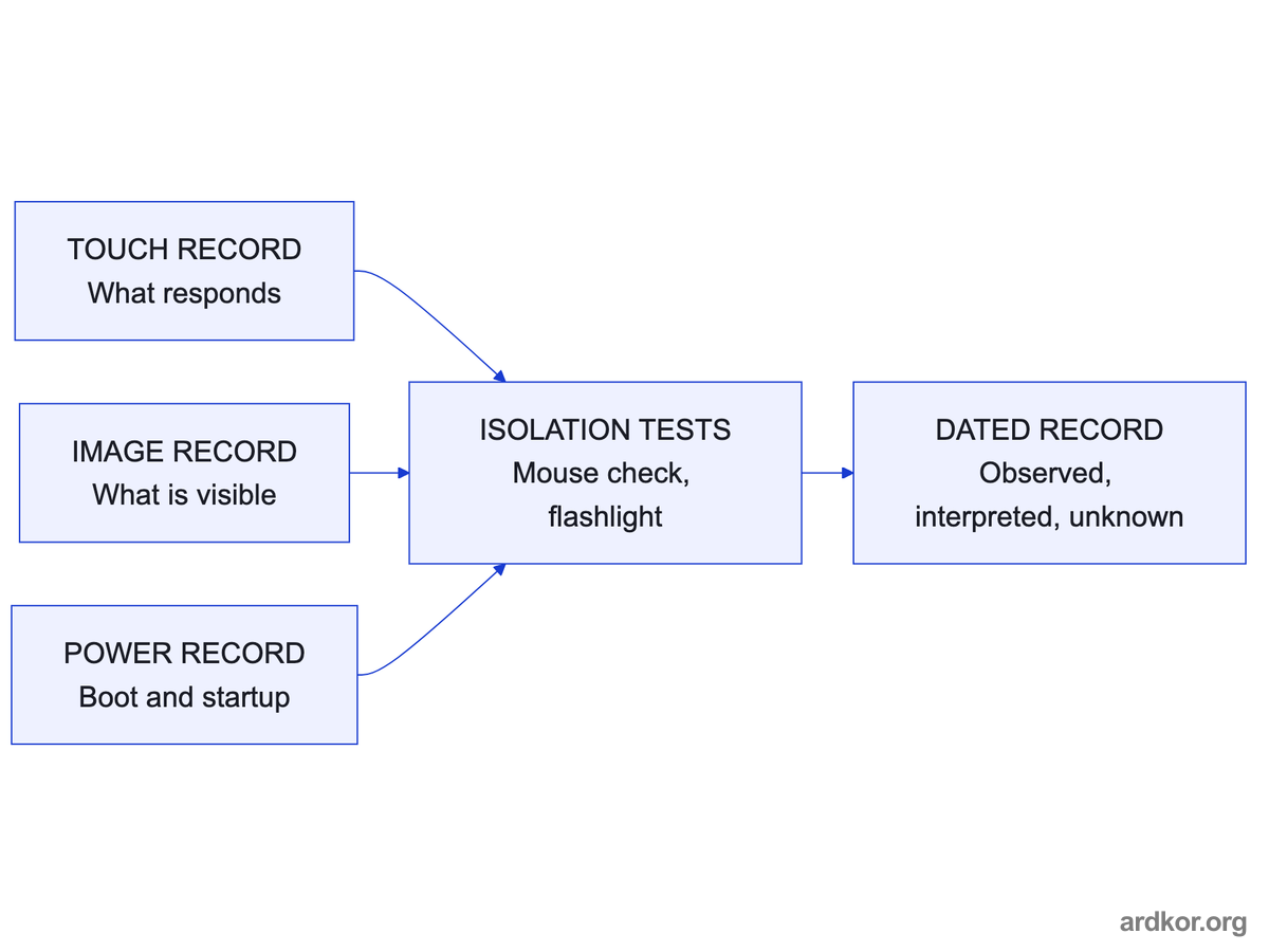 Touch, image, and power observations run through isolation tests into one dated symptom record.