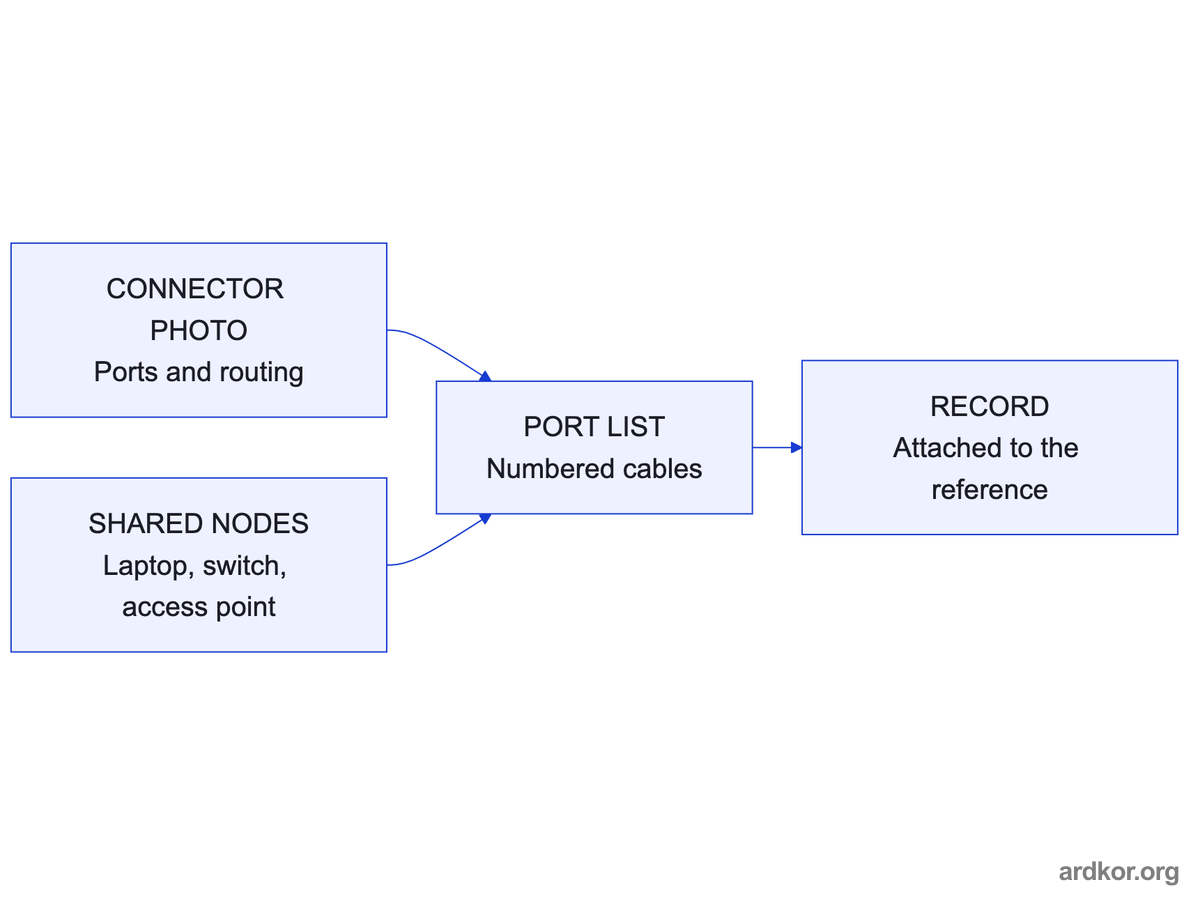 A connector side photo and the shared network nodes merge into a numbered port list attached to the panel record.