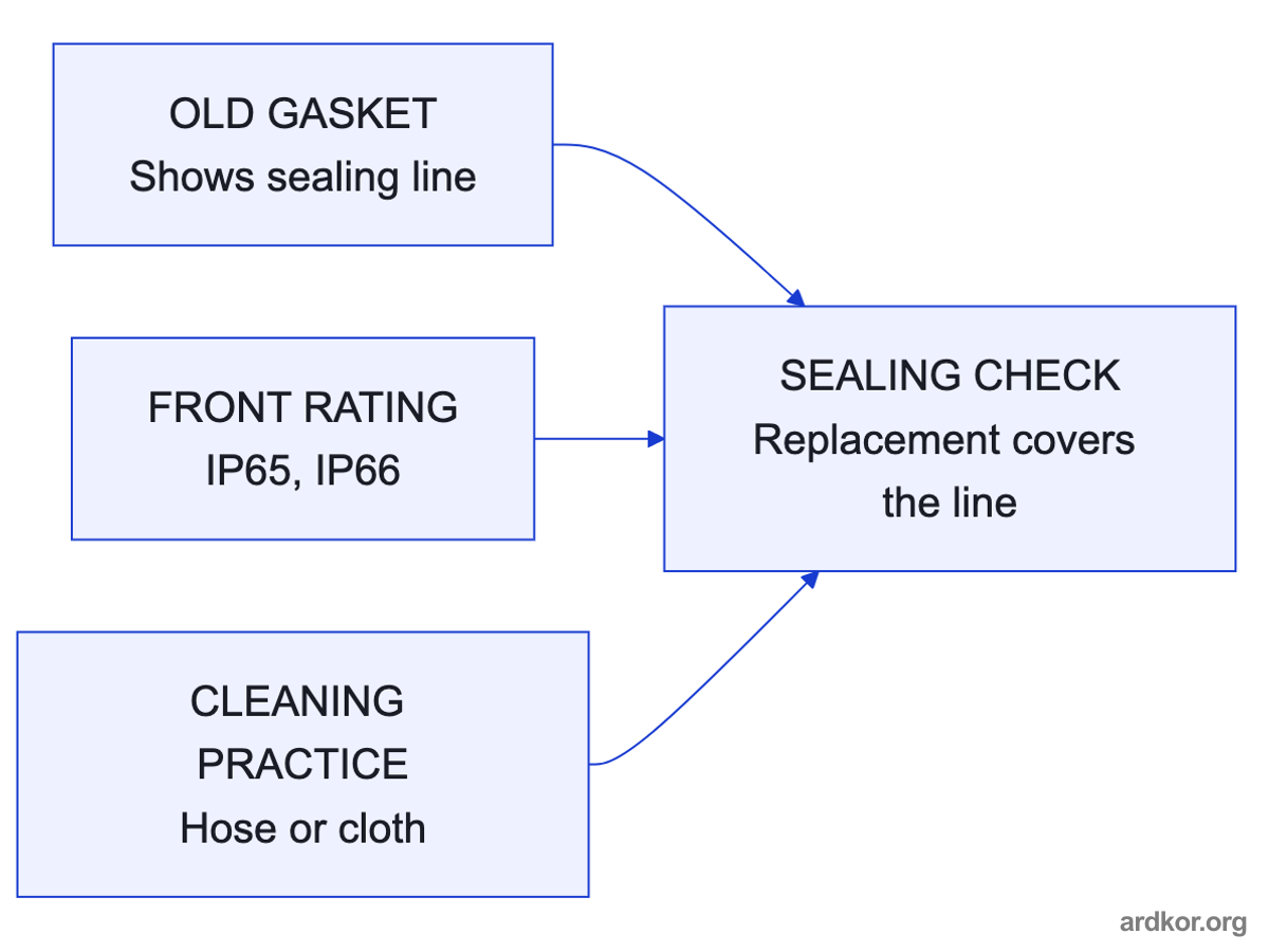 The old gasket line, the front ingress rating, and the cleaning practice combine into one sealing check for a replacement.
