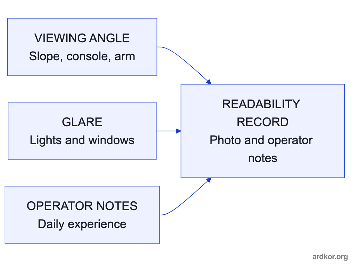 Viewing angle, glare sources, and operator experience combine into a readability record for the installed panel.