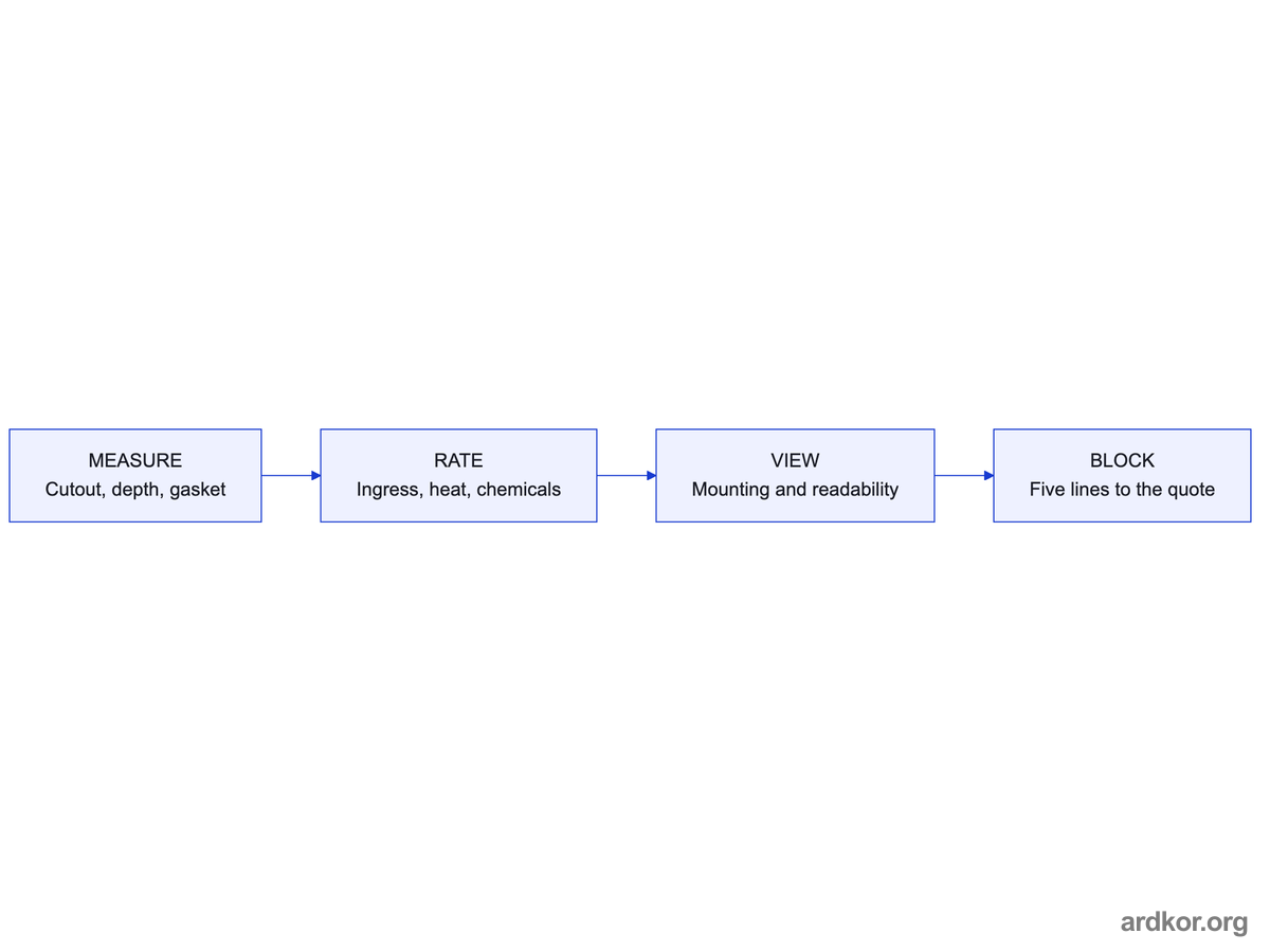 Measurement leads to rating capture, then viewing and access notes, and finally a five line condition block for quoting.