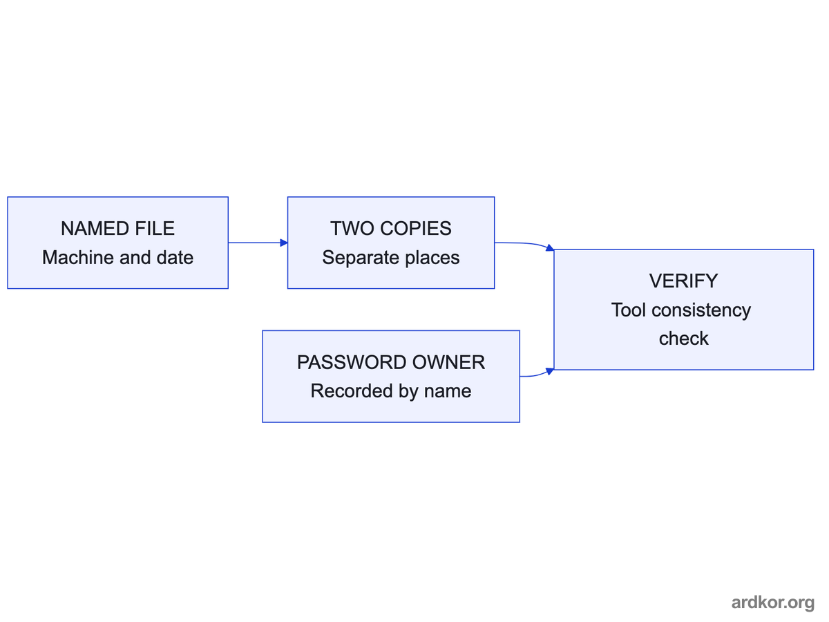 A named project file, two stored copies, and a recorded password owner feed a tool based verification step.