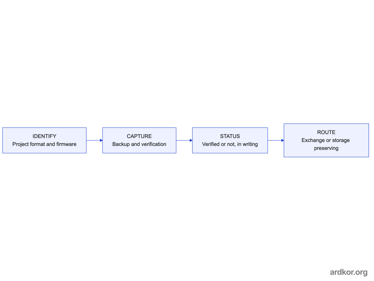 Identification of project and firmware leads to a verified capture and a written backup status that selects the service route.