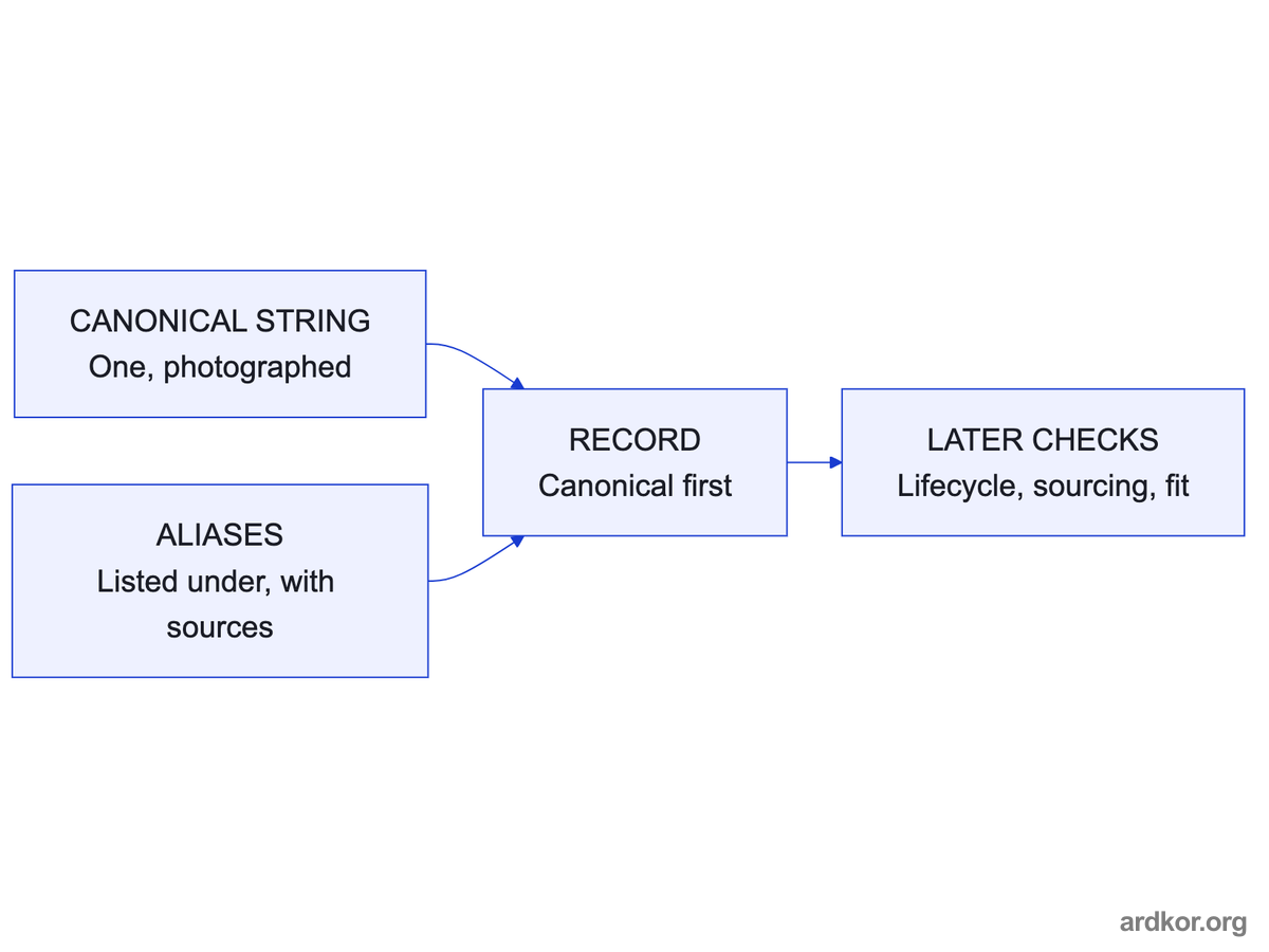 One canonical string leads the record with aliases listed underneath, and the record feeds later lifecycle and sourcing checks.