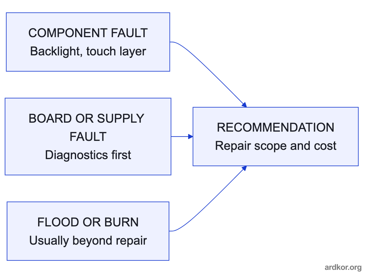Three fault classes, component, board level, and catastrophic, lead to different repair scopes and expectations.
