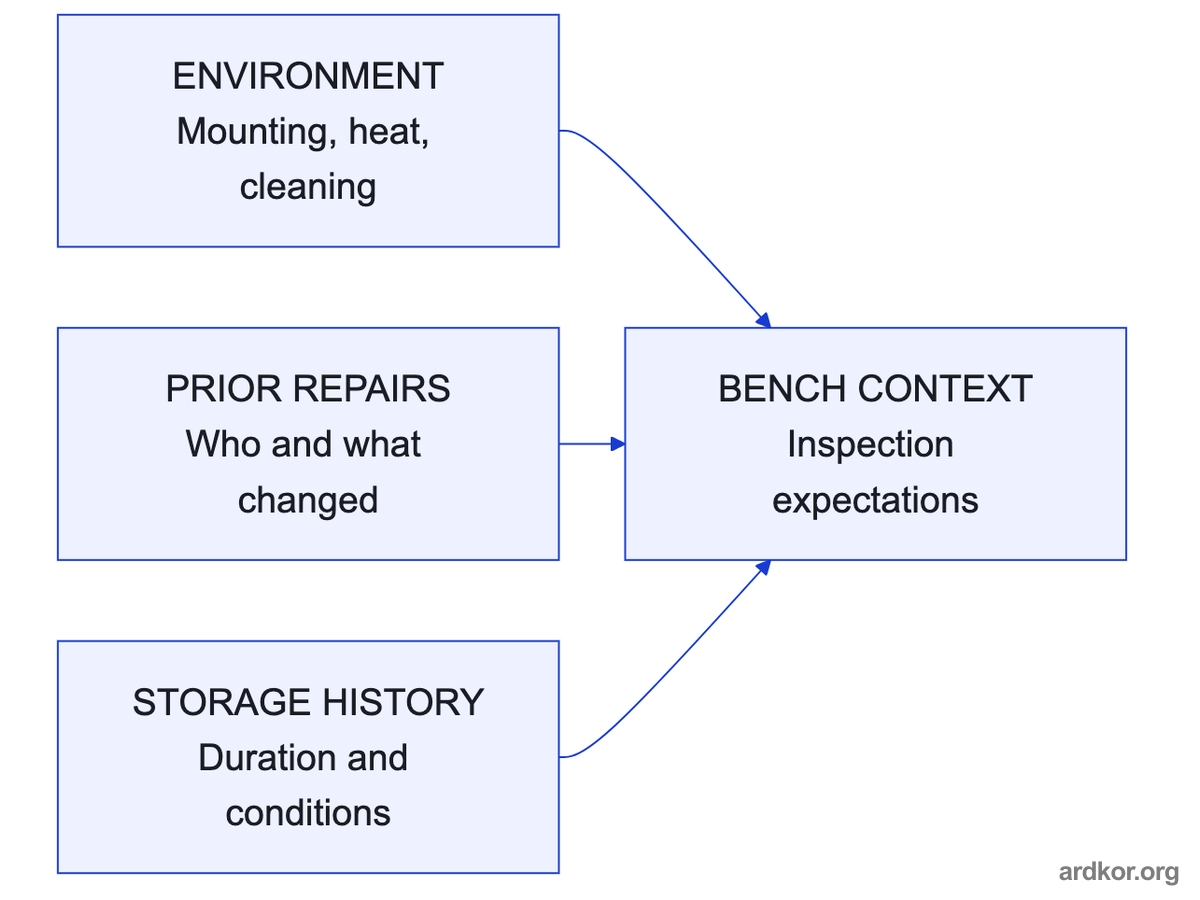 Environment, prior repairs, and storage history combine into the context the bench uses before opening the unit.