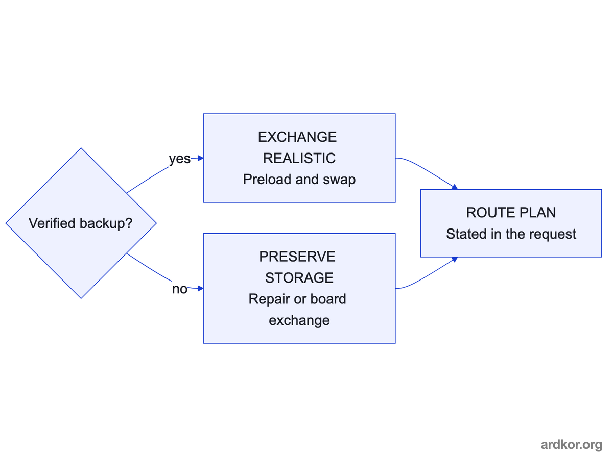 Backup status branches between a realistic exchange route and routes that preserve the panel storage, both feeding the stated plan.