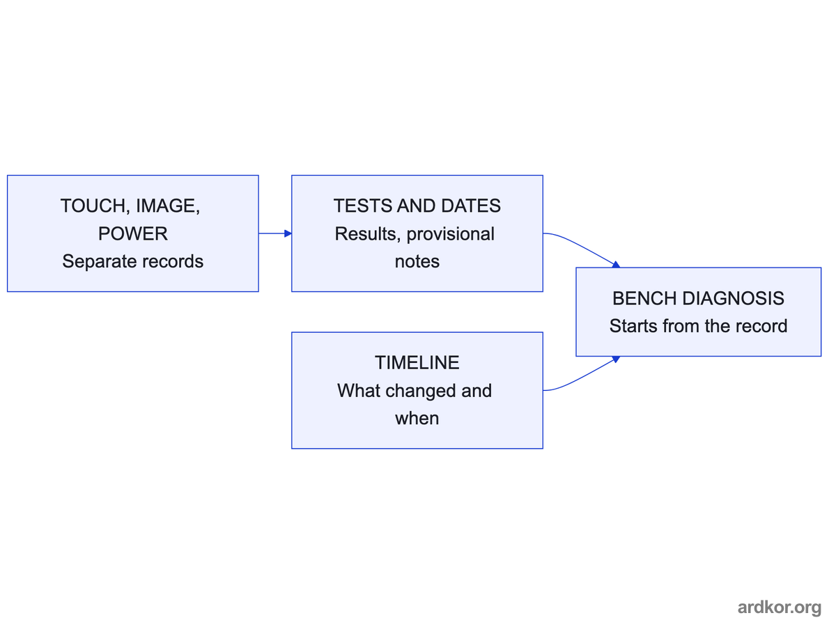 Per layer symptom records and a timeline flow through test results into the bench diagnosis.