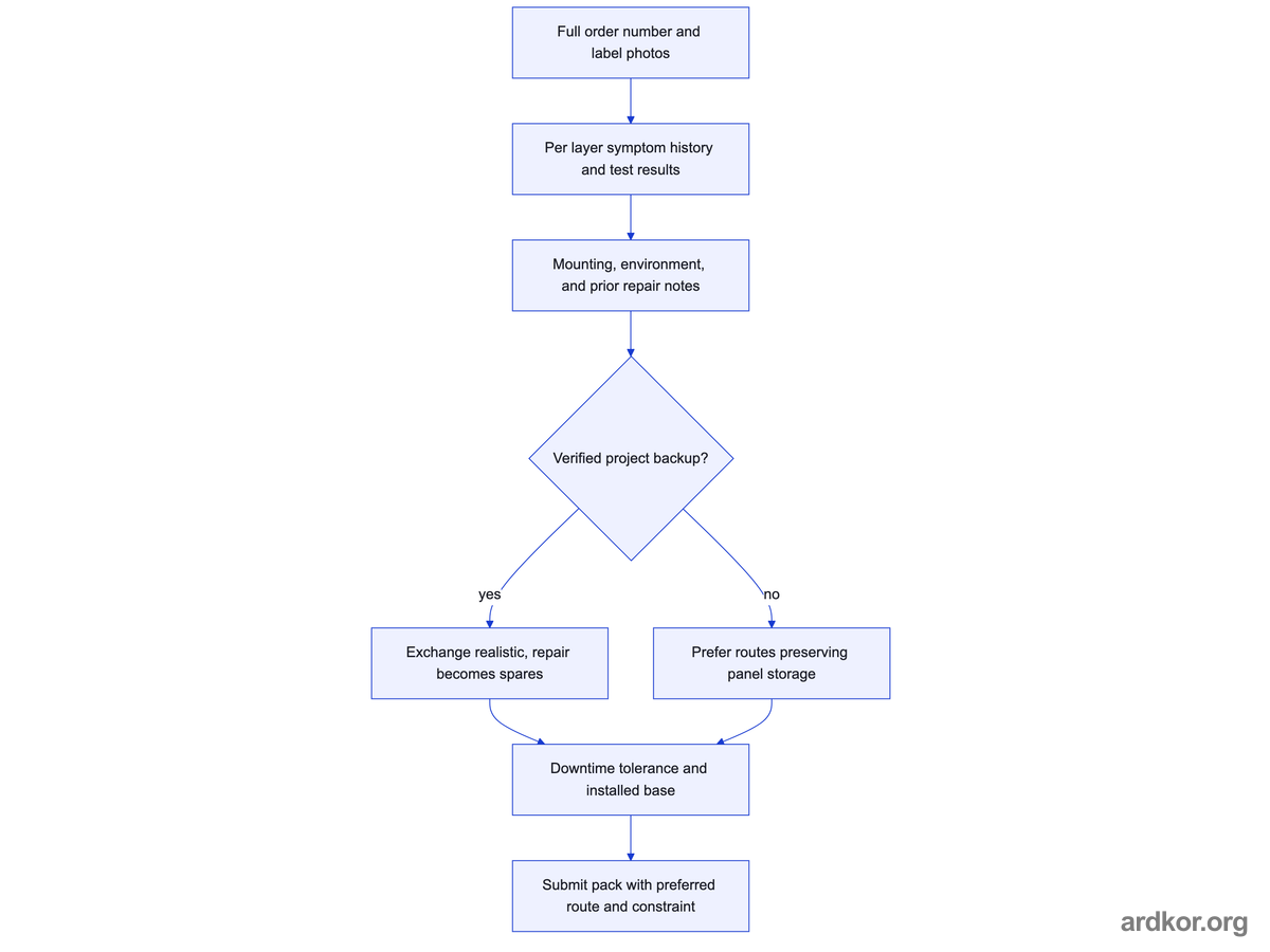 Identity evidence flows into the symptom and history record, then into backup and fault class status, and closes with the stated route.