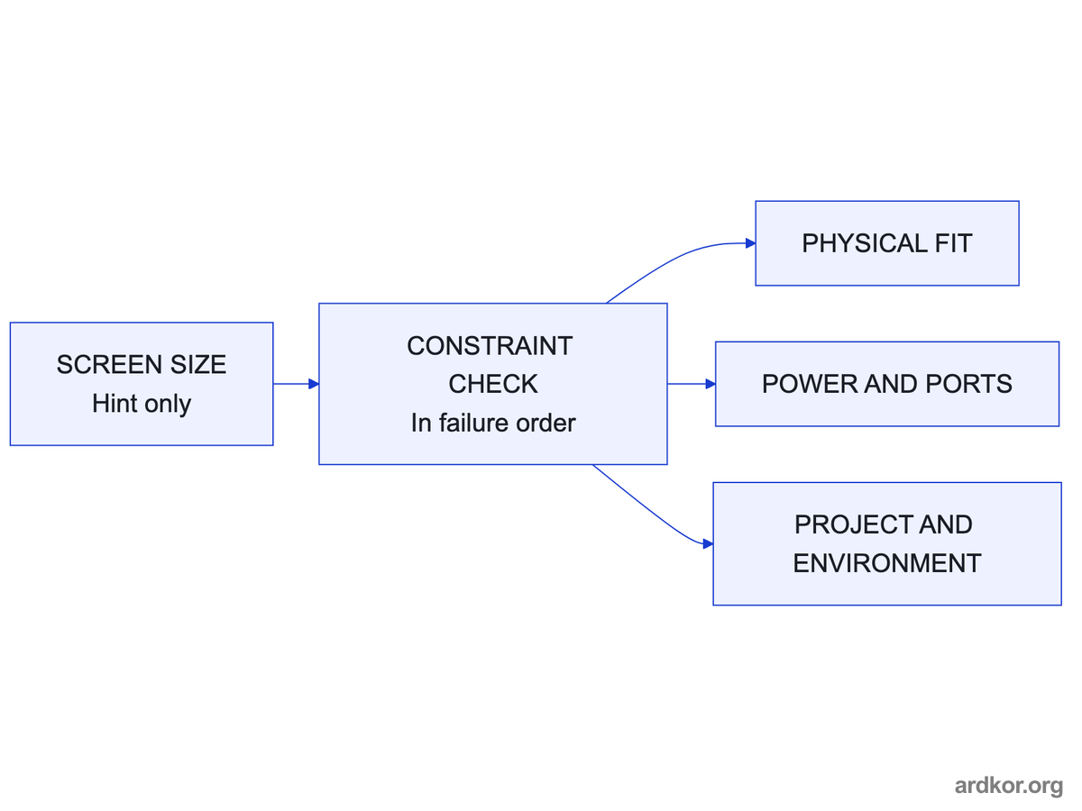 The screen diagonal feeds a constraint check that runs physical, electrical, and project branches in parallel.