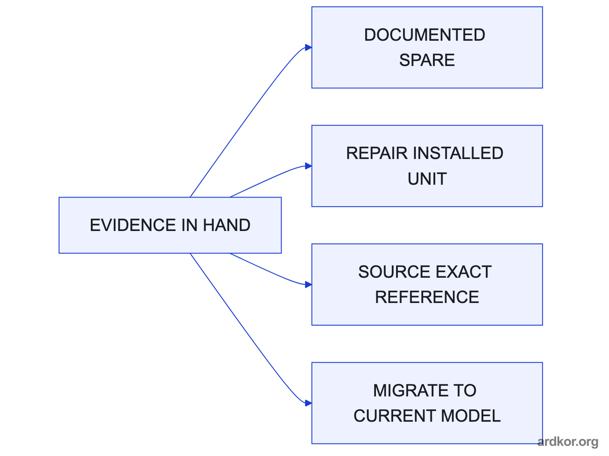 One evidence set fans out into four recovery routes: documented spare, repair, exact reference sourcing, and migration.