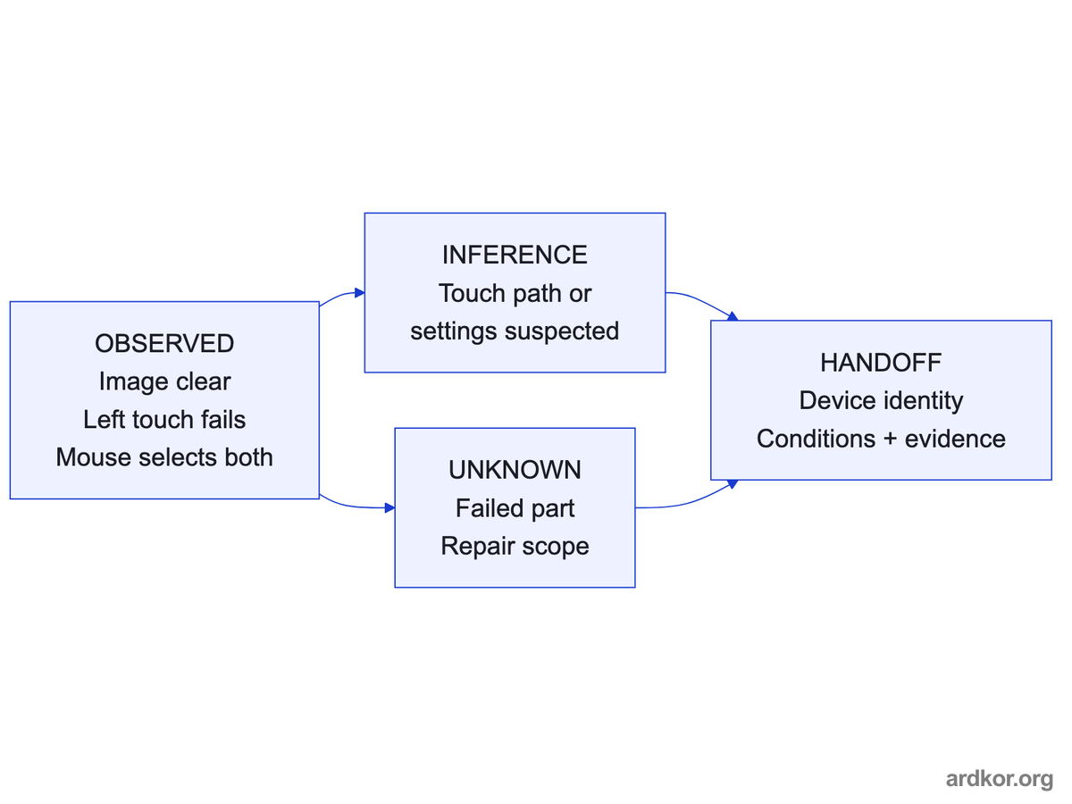 A worked example separates the observed touch failure, mouse comparison, provisional inference and remaining unknowns before handing off evidence.