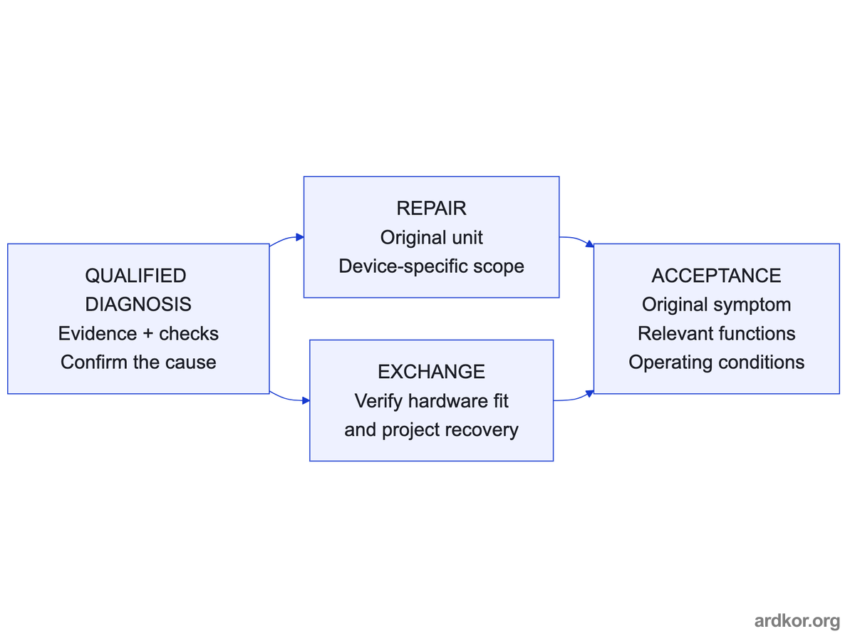 Evidence supports qualified diagnosis and a device-specific repair scope. Repair or exchange must then pass checks that cover the reported symptom and relevant functions.