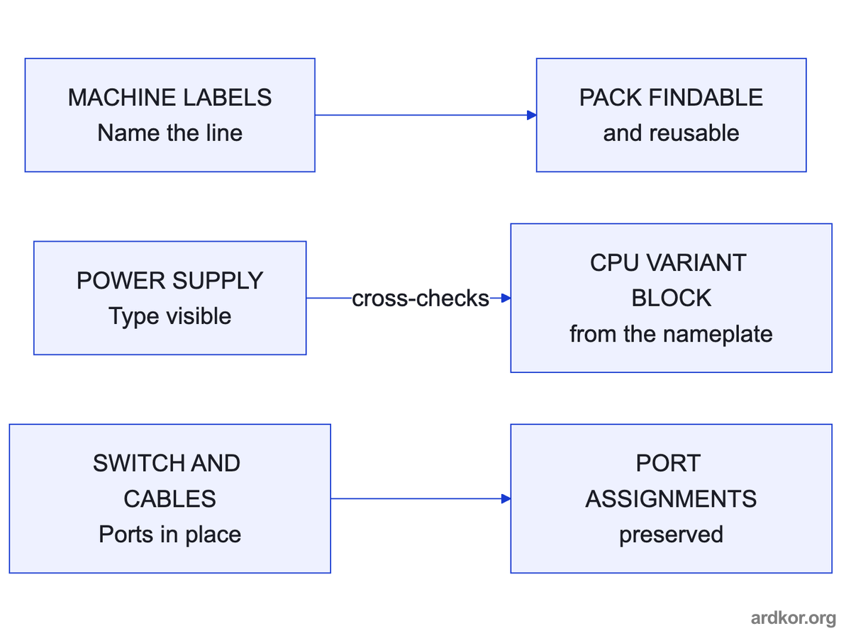 Three context sources, machine labels, the power supply, and the connected network switch, each answer a different question about the controller set.