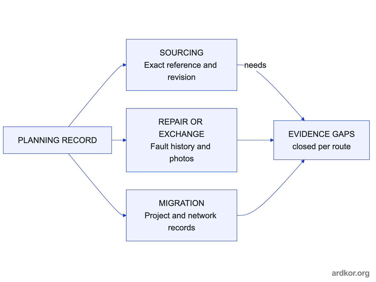 Three recovery routes, sourcing, repair or exchange, and migration, each pull different evidence from the planning record, and their gaps are closed per route.