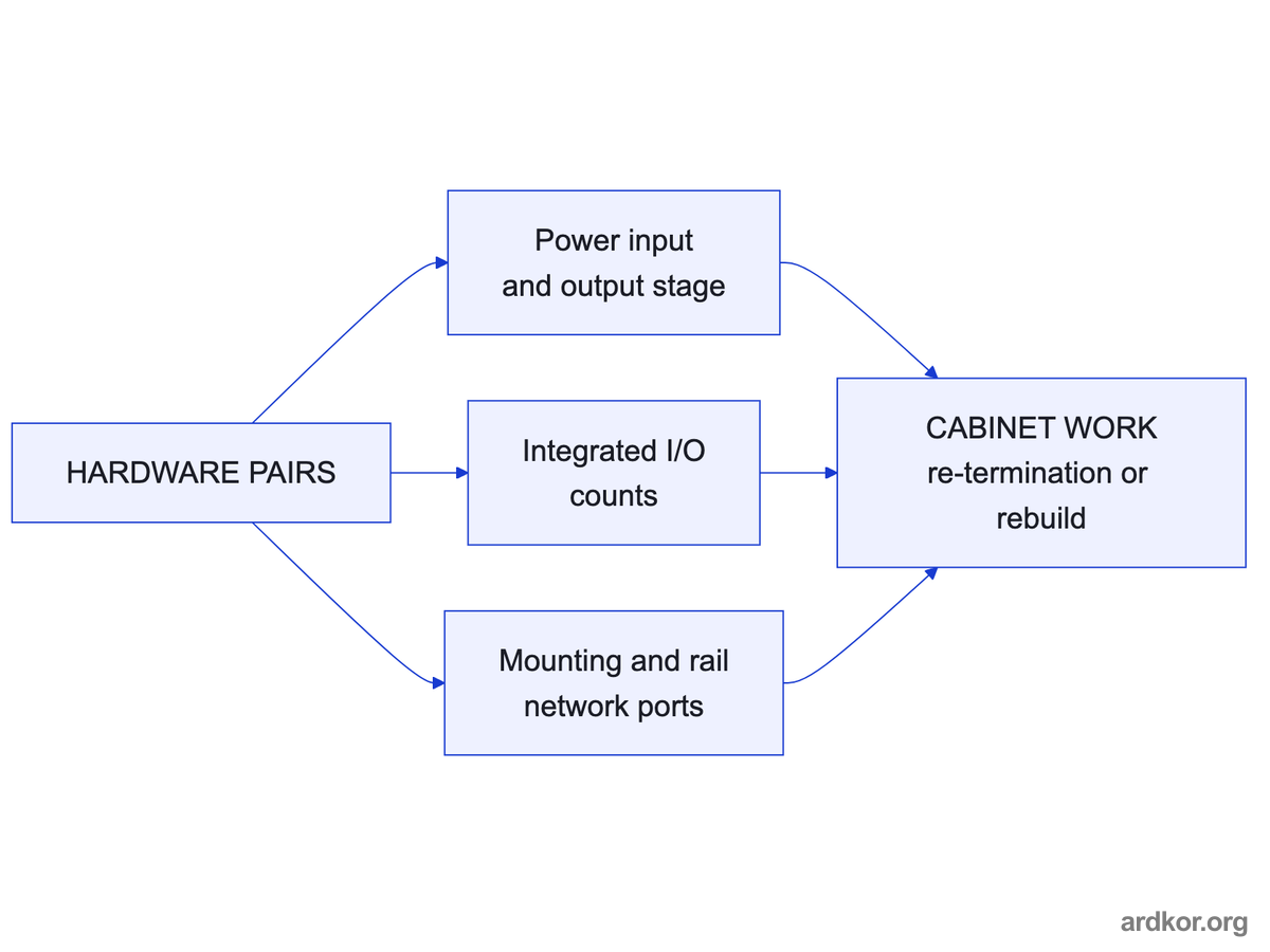Hardware comparison pairs cover power input and output stage, integrated I/O counts, and mounting with network ports, and together they size the cabinet work.