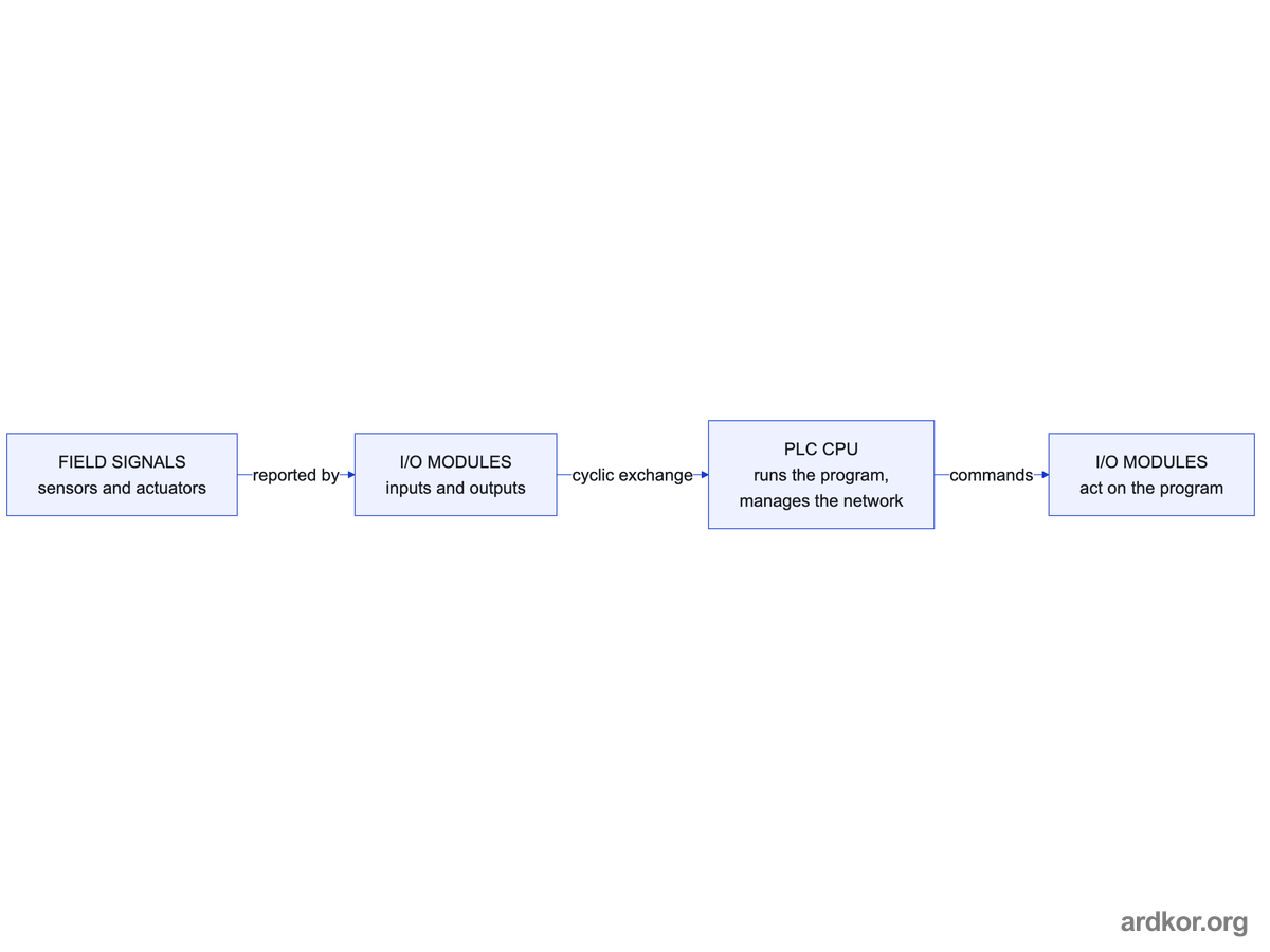 Field signals pass through I/O modules to the PLC CPU, which runs the program and sends commands back through the I/O, dividing the work between controller and modules.