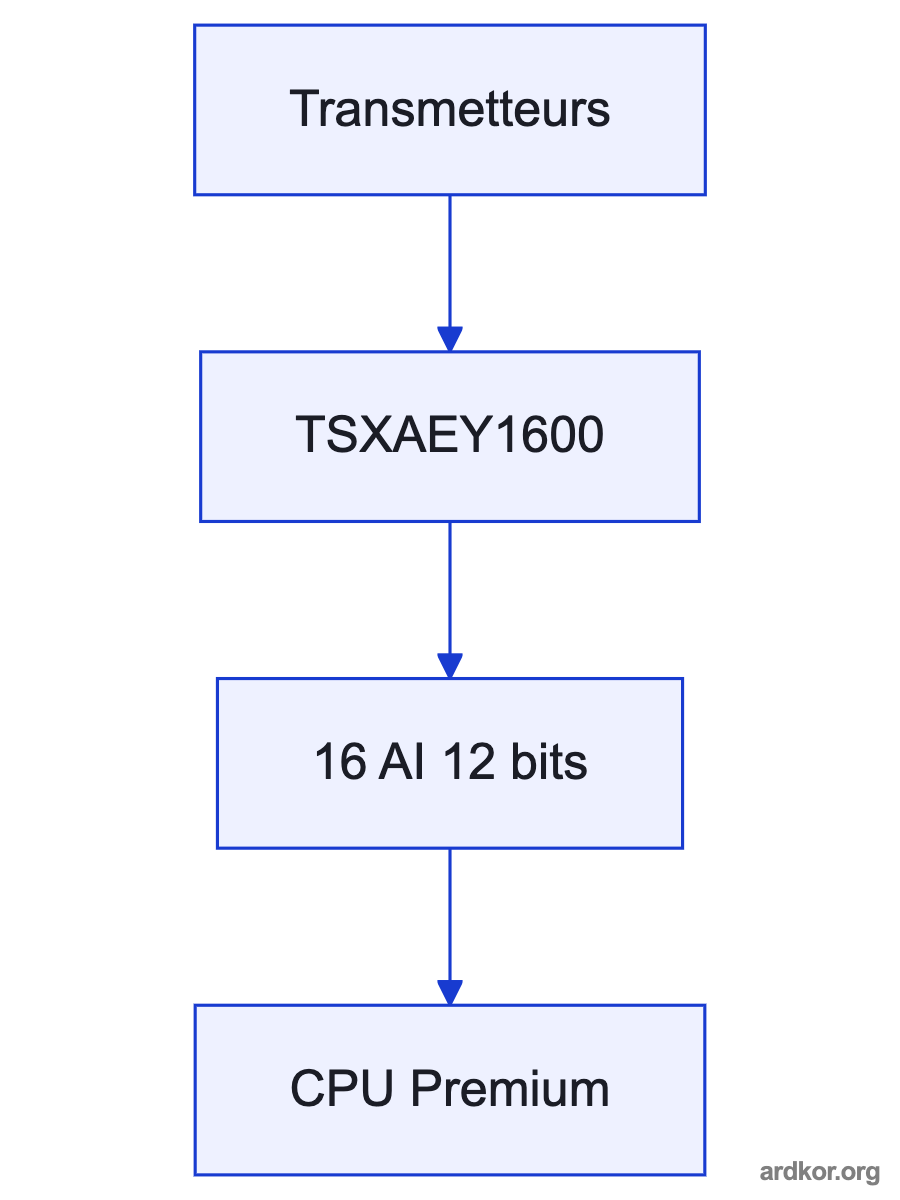 Diagram showing TSXAEY1600 between its documented upstream and downstream system stages.